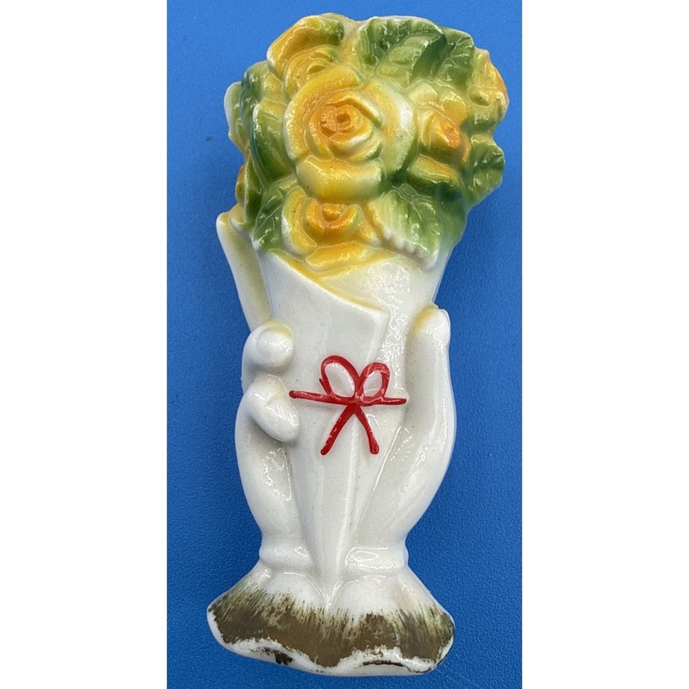 Vintage‎ 1940's Yellow Rose Hand vase Match Stick Holder Japan 3"